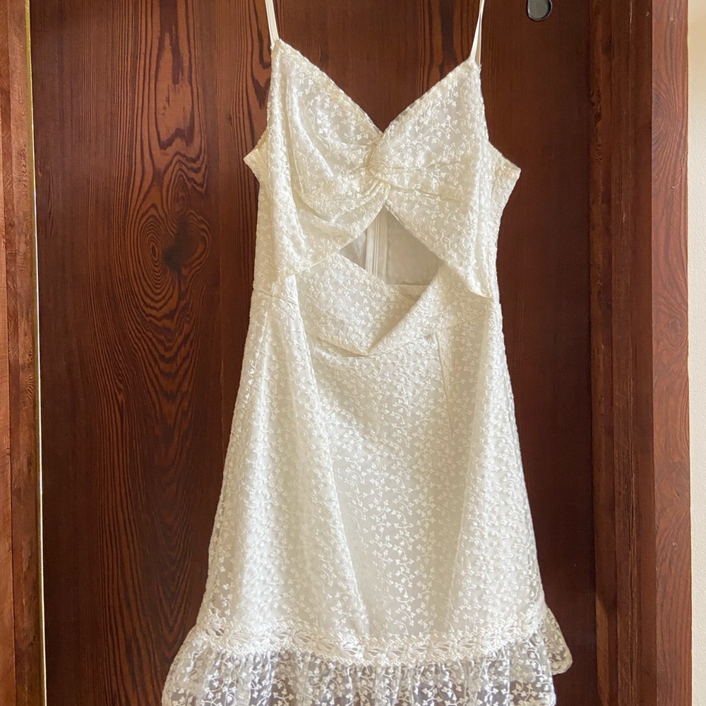 Hello Molly White Floral lace mini dress with ruffle hem- Size S fits like XS
